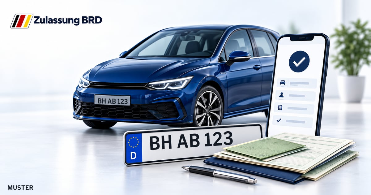 Online Fahrzeugzulassung in Sinzheim: Musterkennzeichen BH AB 123, Auto und Fahrzeugpapiere und Smartphone. Illustration mit Logo von Zulassung BRD.